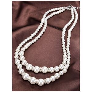 NWT Faux Pearl Double Layer Necklace Rhinestone Spacer Choker Statement Bridal